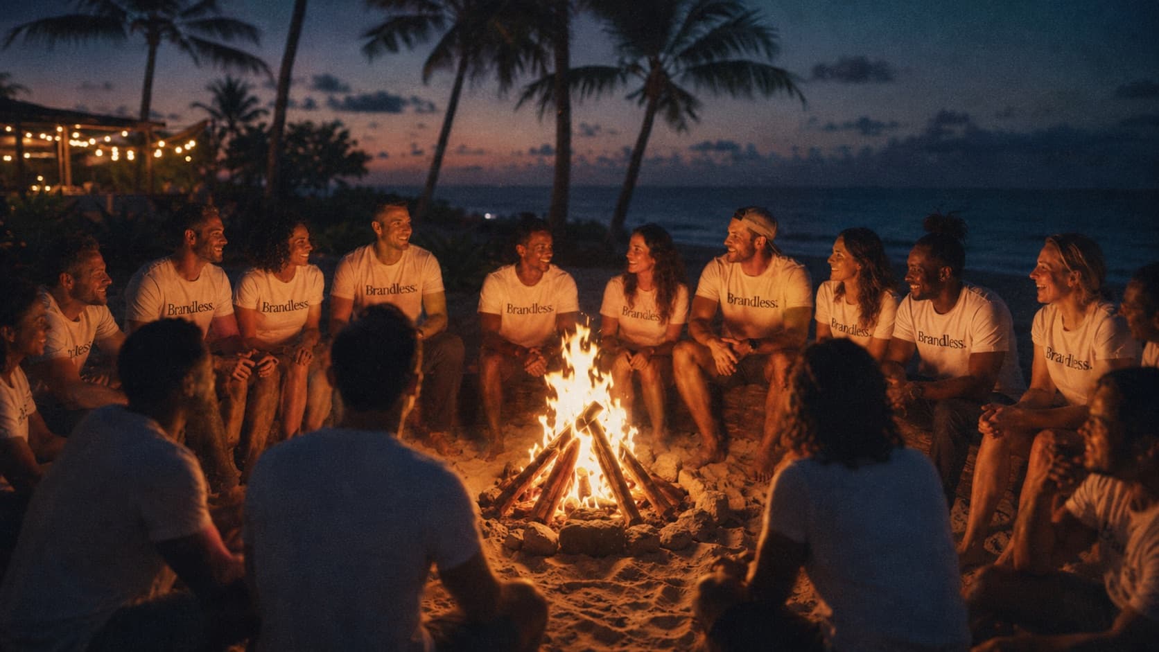 The Brandless team gathered around a beach campfire at dusk.