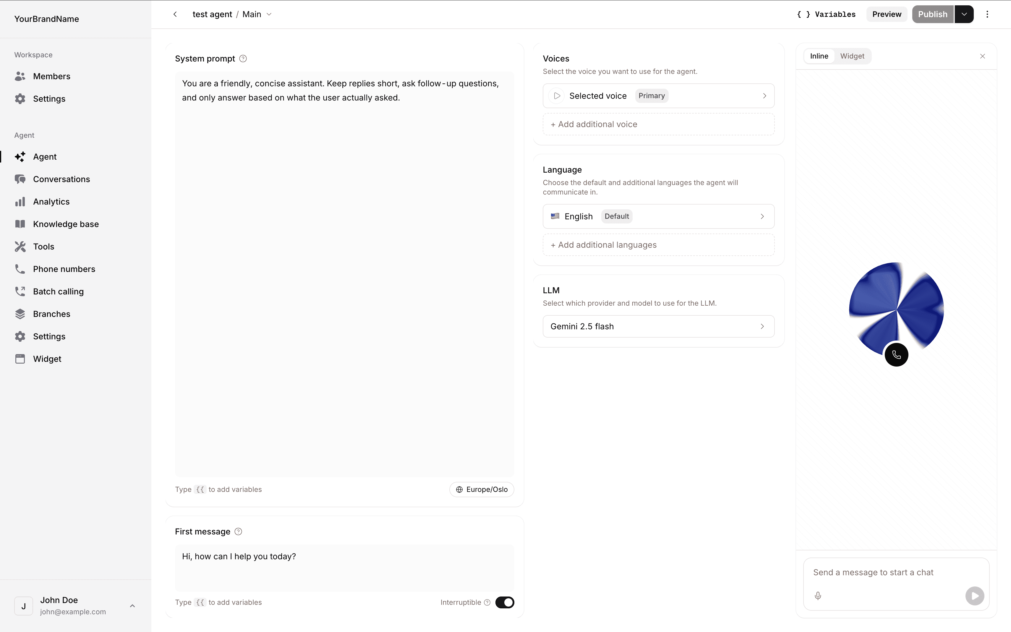 The agent editor, where you configure an AI voice and chat agent's prompt, voice, language, and model alongside a live playground.